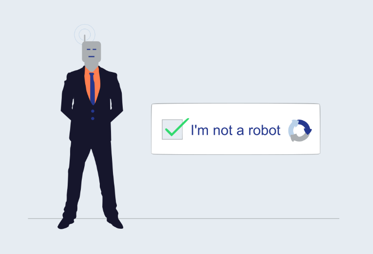Abgebildet ist ein Roboter im Anzug. Rechts neben ihm befindet sich ein „I’m not a robot“-CAPTCHA, das erfolgreich gelöst wurde.