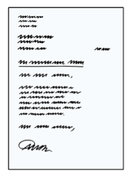 Ein weißes Blatt Papier. Auf dem Blatt ist Schrift. Man sieht Felder auf dem Blatt. Die Felder sind für: Absender, Empfänger, Betreff, Text, Unterschrift. Die Felder sind ausgefüllt. Man kann die Schrift nicht lesen.