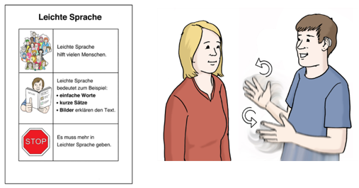 Ein Blatt mit den Regeln der Leichten Sprache. Und zwei Personen, die sich unterhalten.